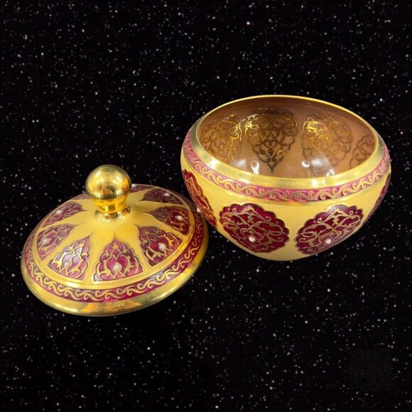 Decorium Turkish Glass Handcrafted Candy Dish Bowl Gold Gild W Lid Marked VTG - Picture 6 of 16